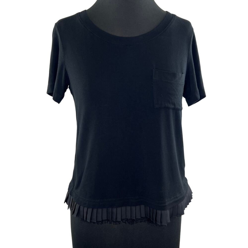 WORTH New York Black Short Sleeve Round Neck Pocket Micro Pleat Hem Top Size XS